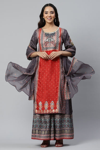 Grey Placement Printed kurta with Culottes and Dupatta