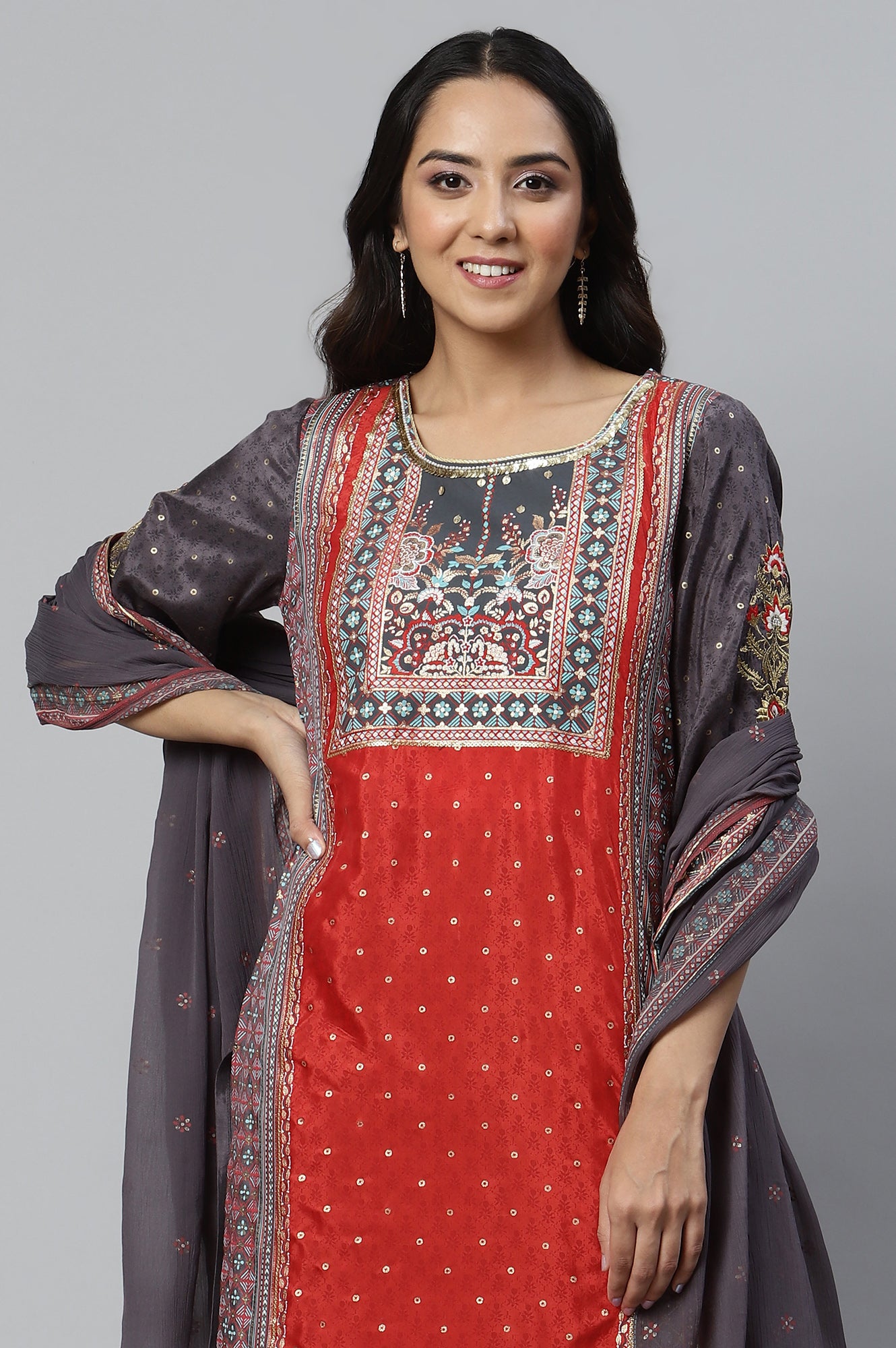 Grey Placement Printed kurta with Culottes and Dupatta