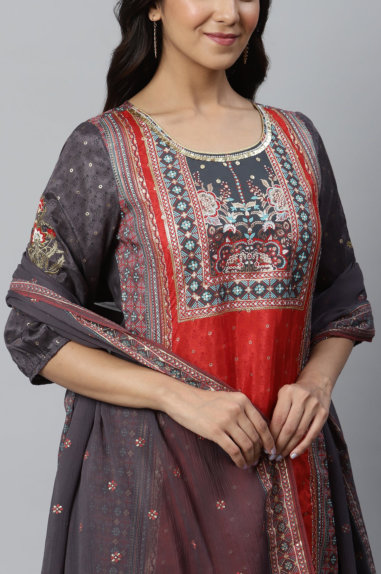 Grey Placement Printed kurta with Culottes and Dupatta