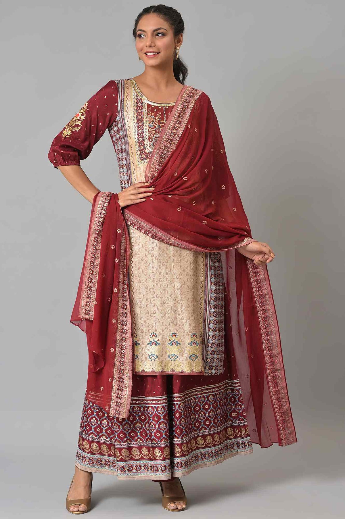 LIVA White Embroidered kurta with Red Culottes and Dupatta - S