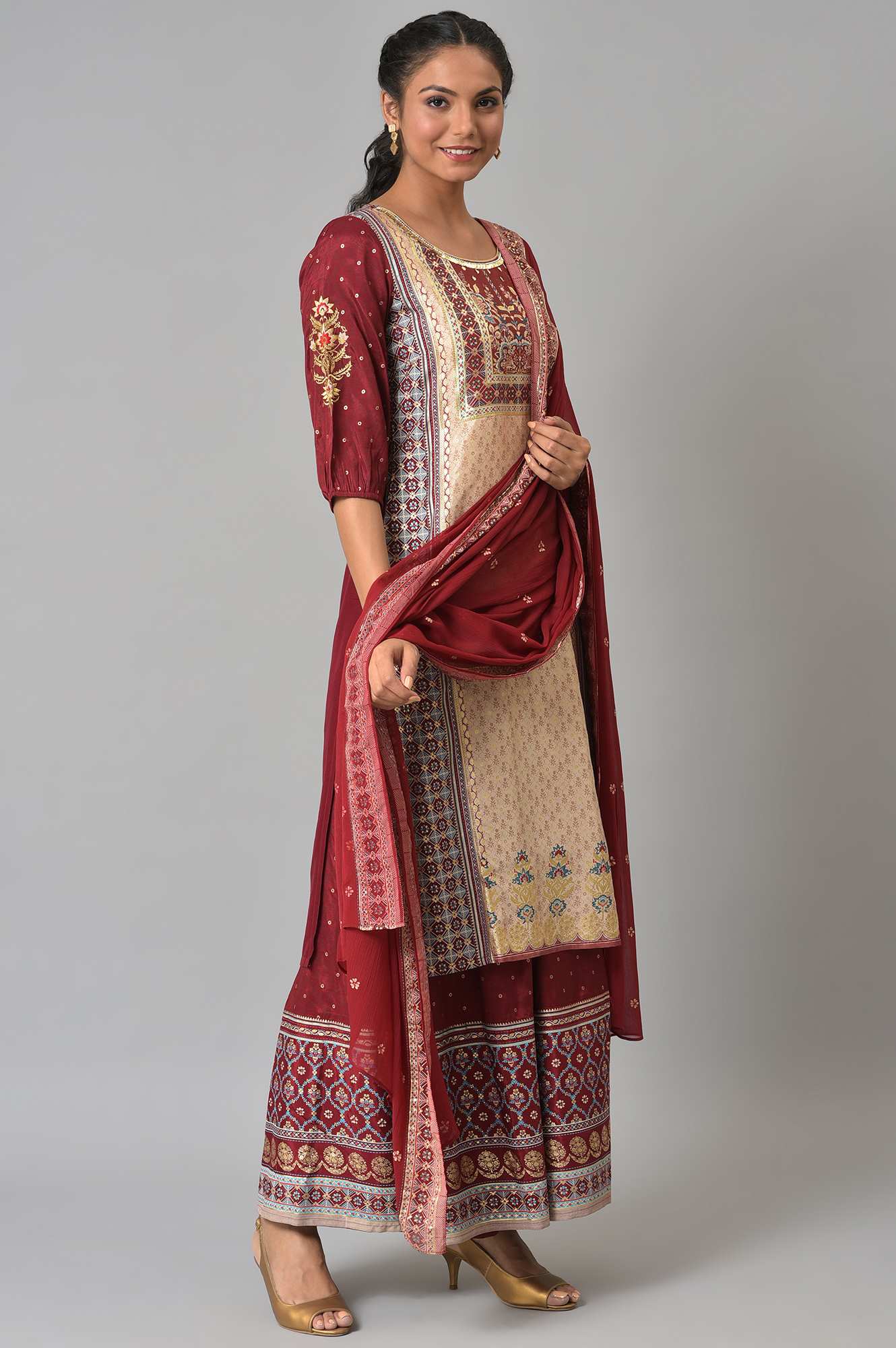 LIVA White Embroidered kurta with Red Culottes and Dupatta