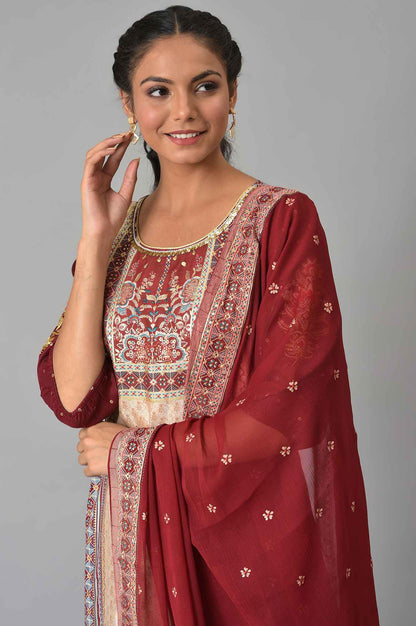 LIVA White Embroidered kurta with Red Culottes and Dupatta