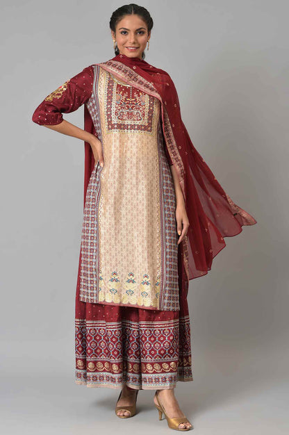 LIVA White Embroidered kurta with Red Culottes and Dupatta