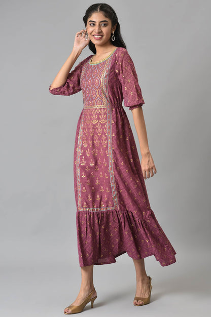 Maroon Blouson Sleeves Dress with Placement Print