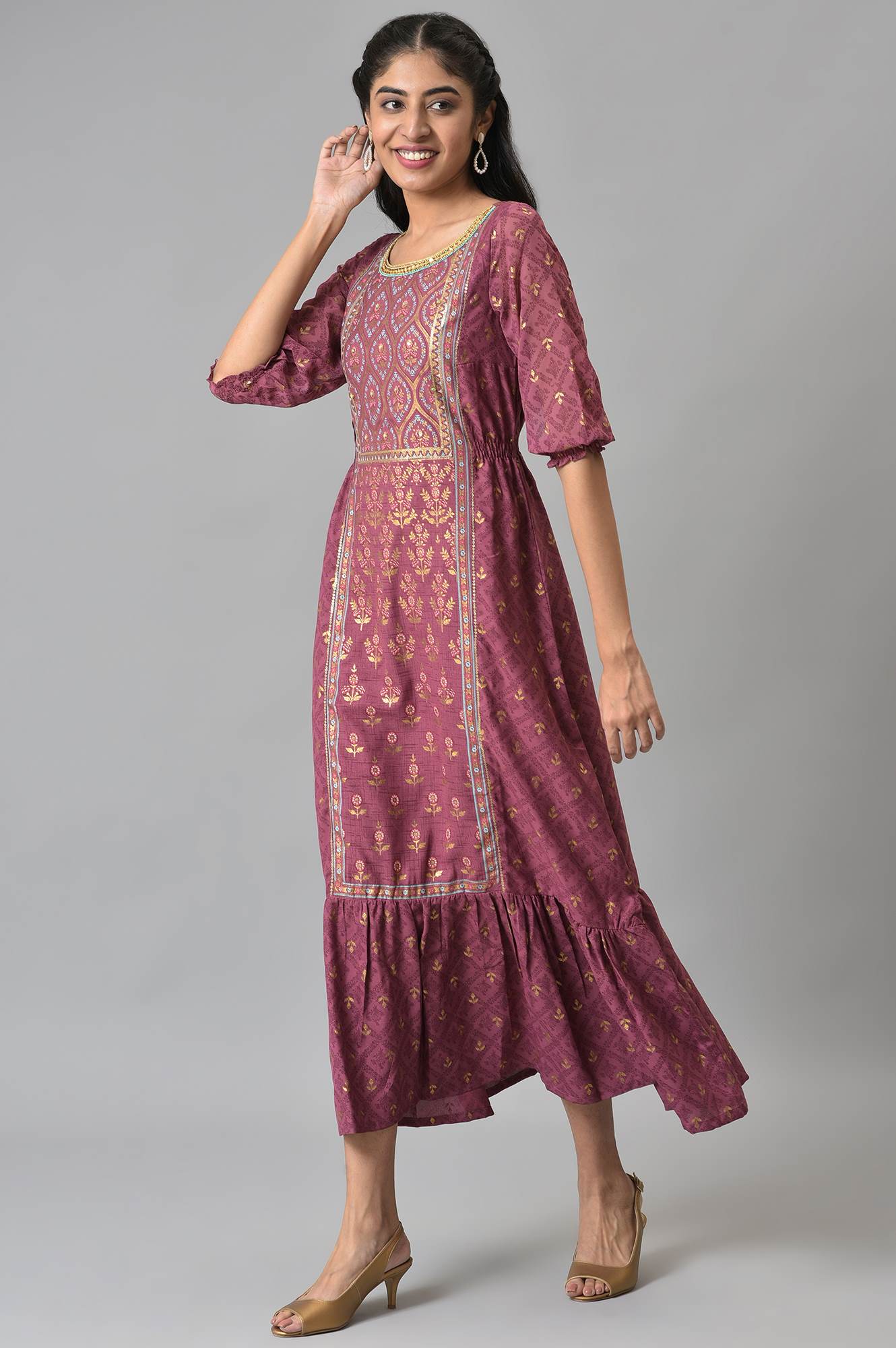 Maroon Blouson Sleeves Dress With Placement Print