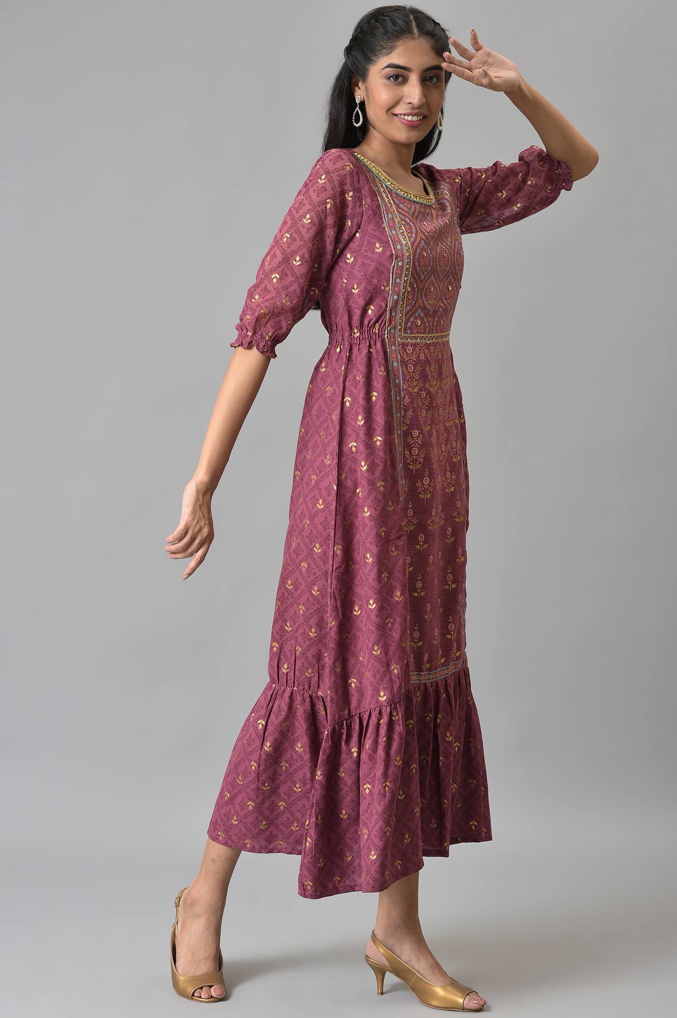 Maroon Blouson Sleeves Dress with Placement Print