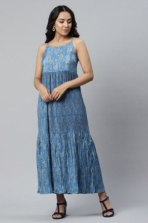 Blue A-line Gillet and Dress Set