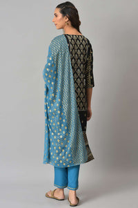 LIVA Black Zari Embroidered kurta with Blue Straight Palazzo and Dupatta Set