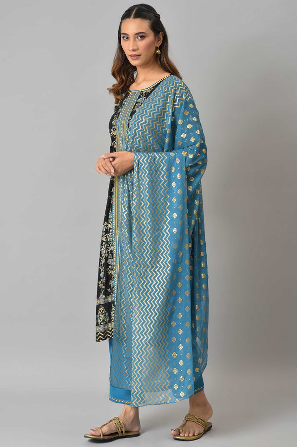 LIVA Black Zari Embroidered kurta with Blue Straight Palazzo and Dupatta Set