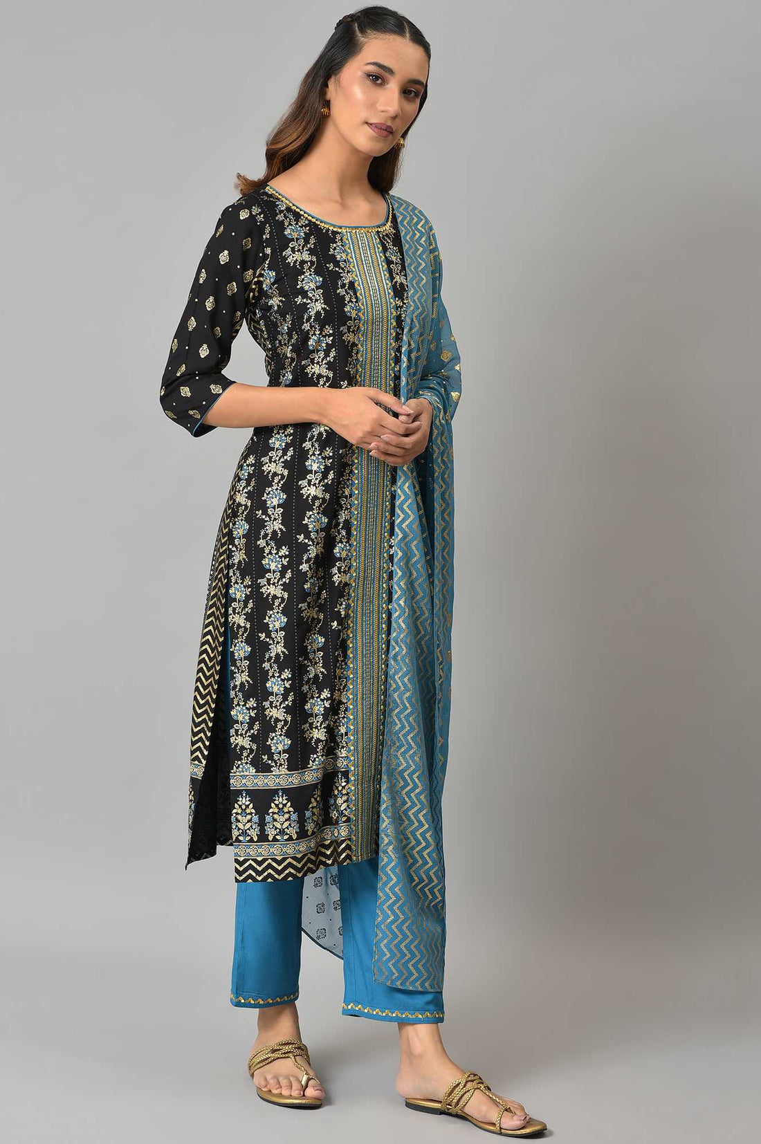 LIVA Black Zari Embroidered kurta with Blue Straight Palazzo and Dupatta Set