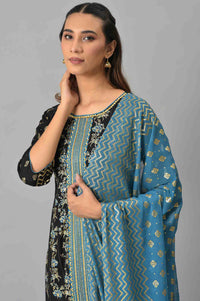 LIVA Black Zari Embroidered kurta with Blue Straight Palazzo and Dupatta Set