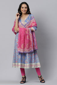 Blue Floral Print kurta with Pink Tights and Dupatta