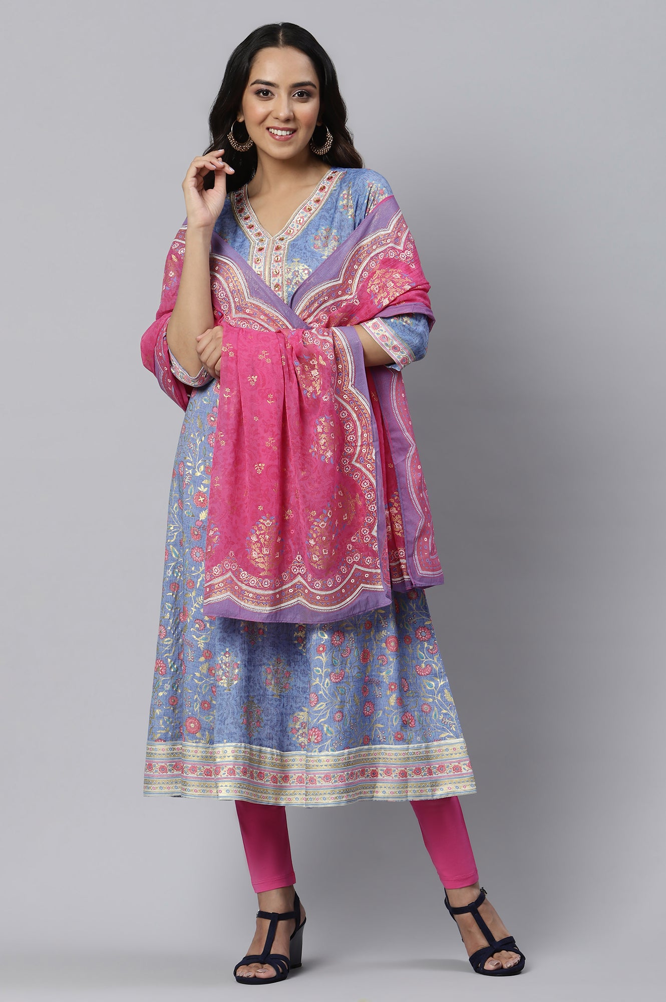 Blue Floral Print kurta with Pink Tights and Dupatta