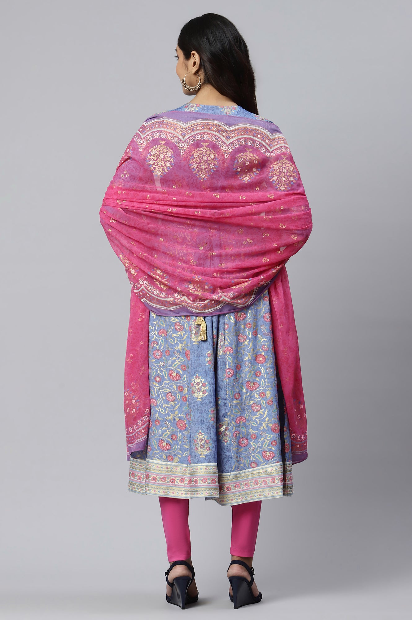 Blue Floral Print kurta with Pink Tights and Dupatta