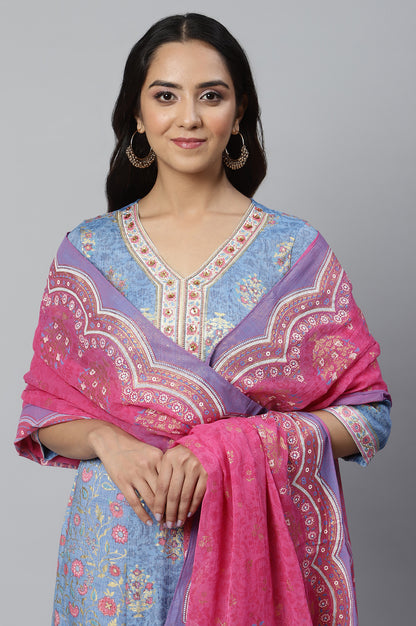 Blue Floral Print kurta with Pink Tights and Dupatta