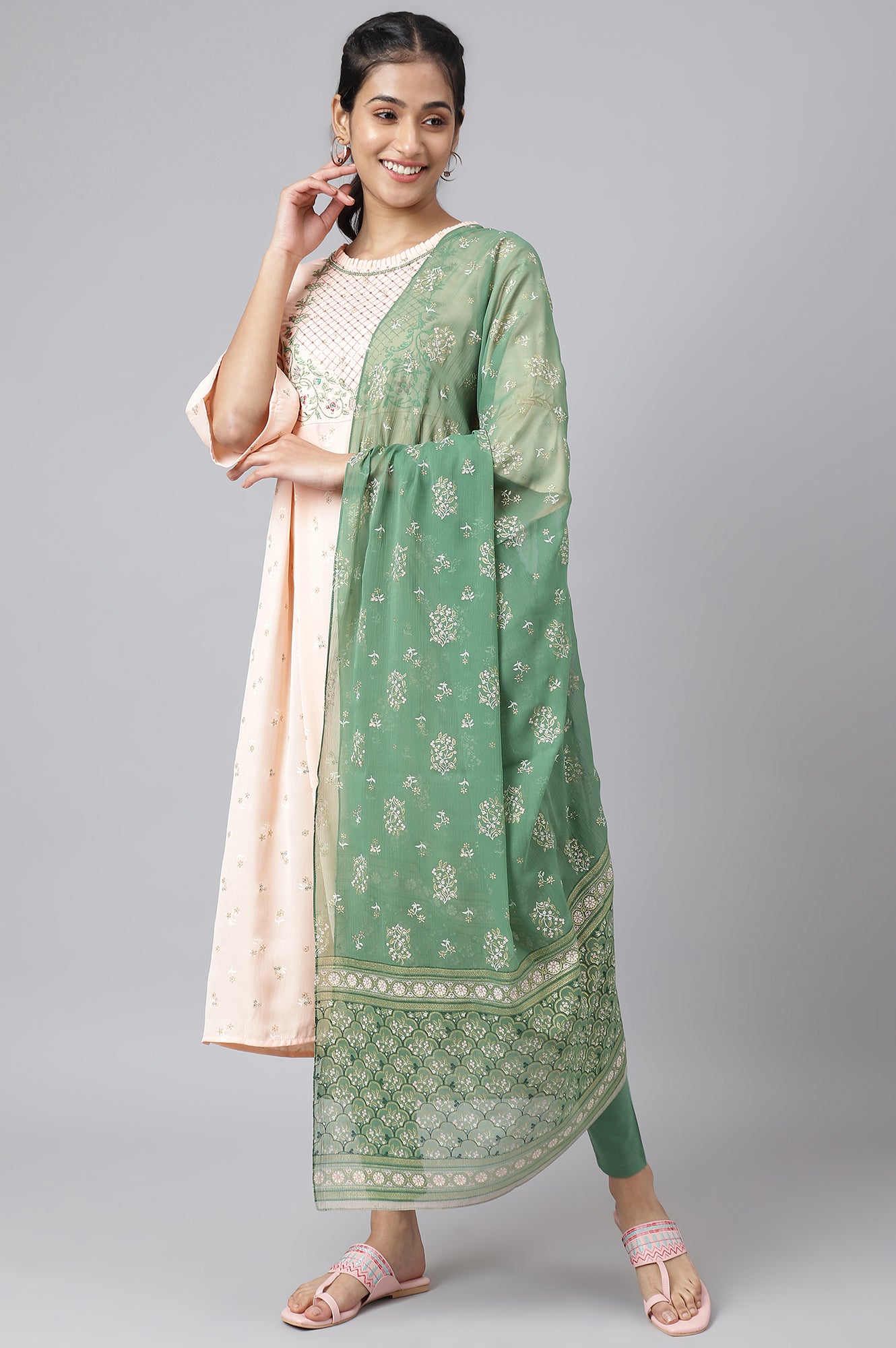 Pink Embroidered Dress with Green Tights and Dupatta