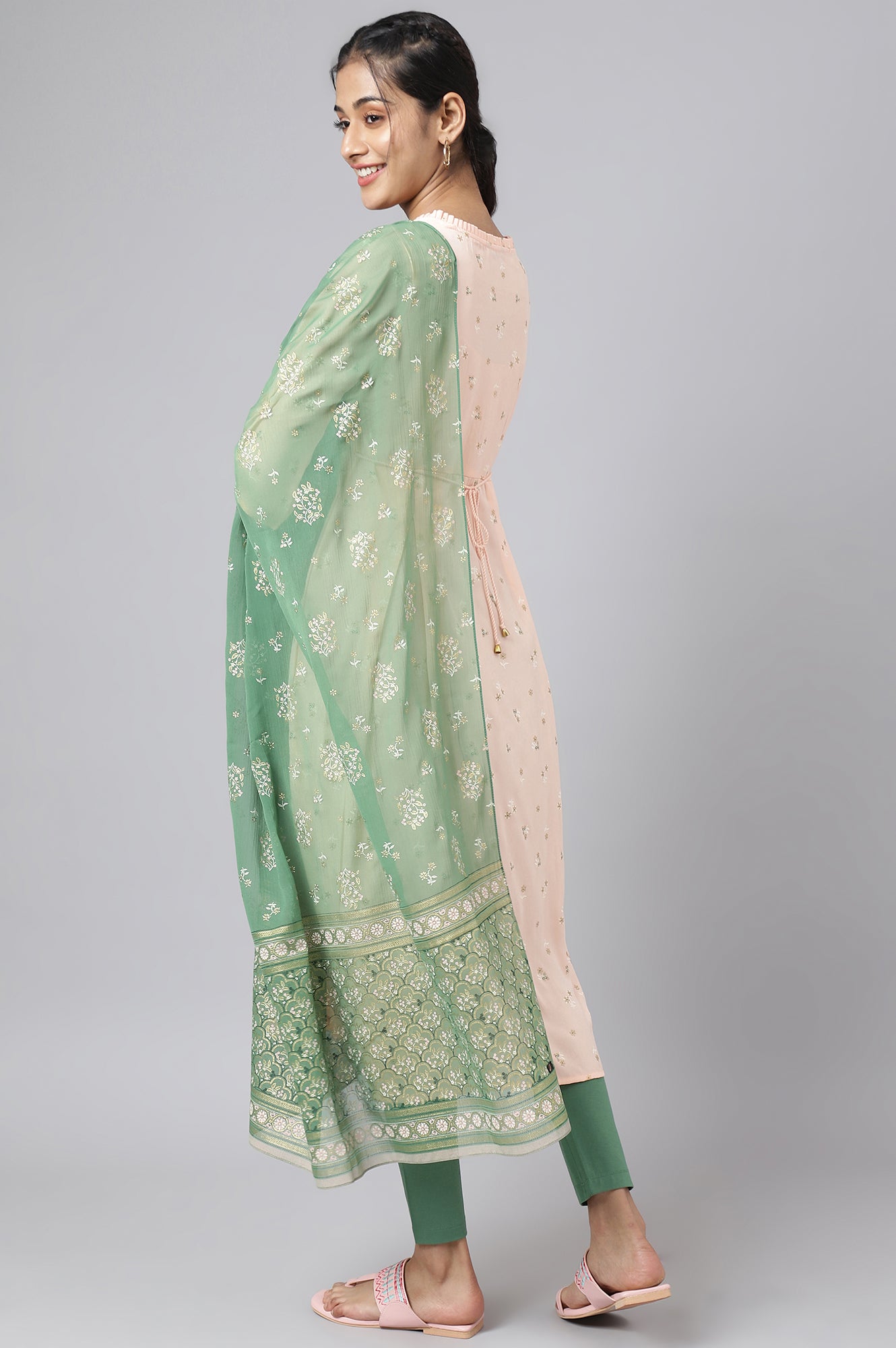 Pink Embroidered Dress with Green Tights and Dupatta