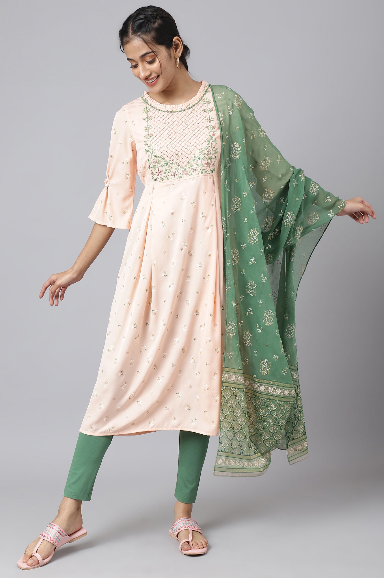 Pink Embroidered Dress with Green Tights and Dupatta