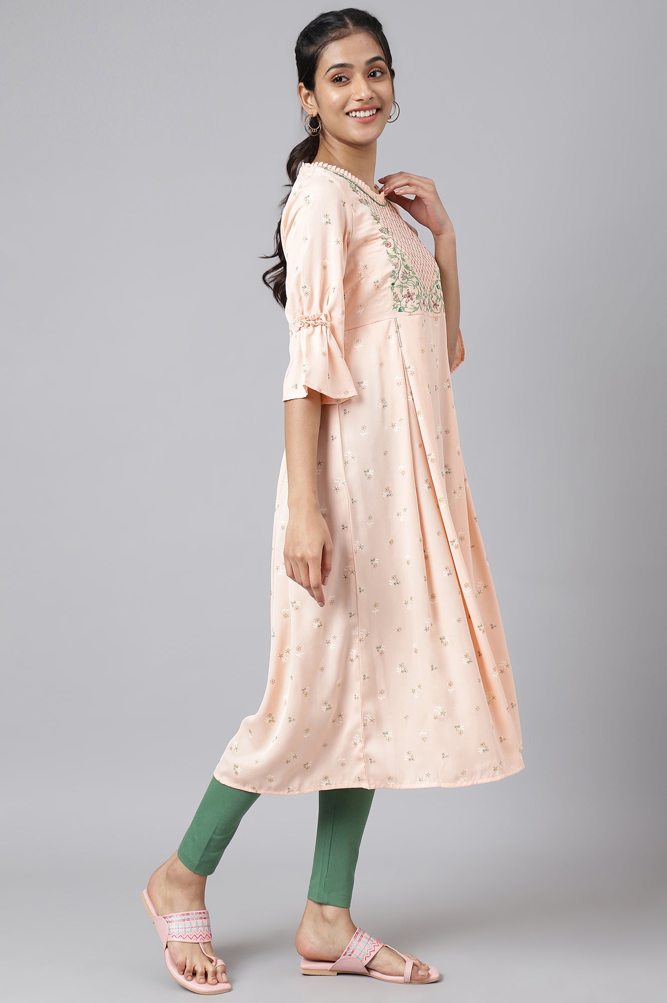 Pink Embroidered Dress with Green Tights and Dupatta