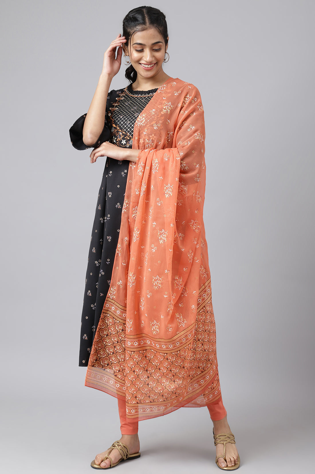black dress with orange dupatta Black Anarkali Suit Shiza Ahmed Label