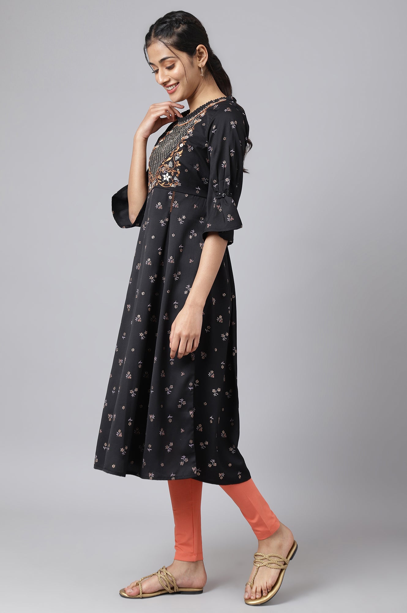 Black Embroidered Dress with Orange Tights and Dupatta