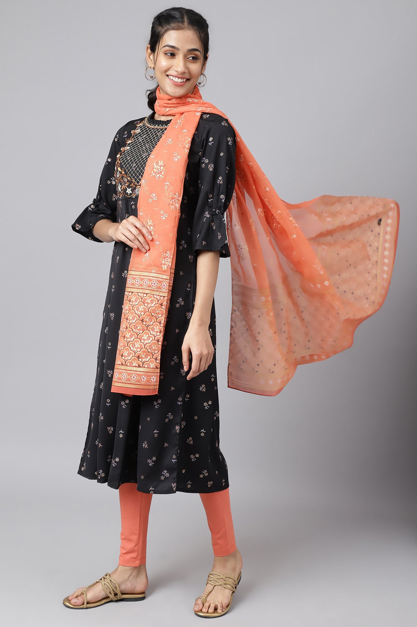 Black Embroidered Dress with Orange Tights and Dupatta