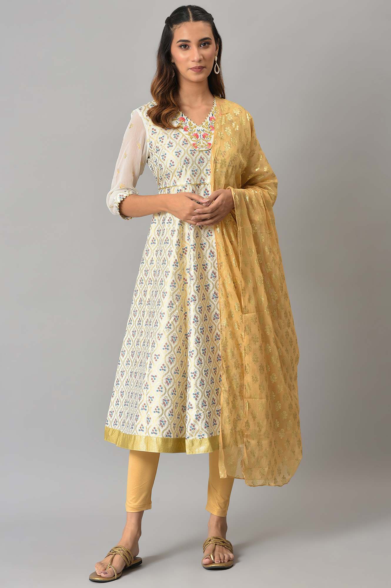 White Zari Embroidered kurta with Golden Tights and Printed Dupatta