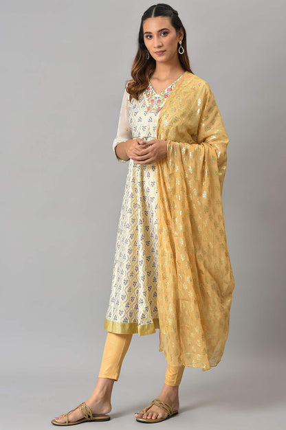 White Zari Embroidered kurta with Golden Tights and Printed Dupatta