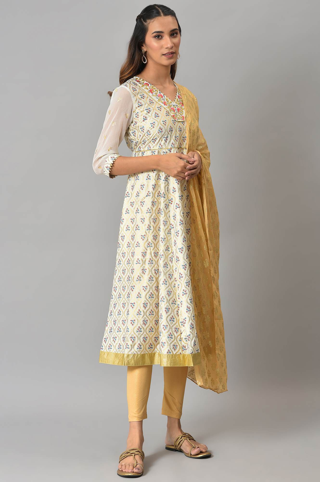 White Zari Embroidered kurta with Golden Tights and Printed Dupatta