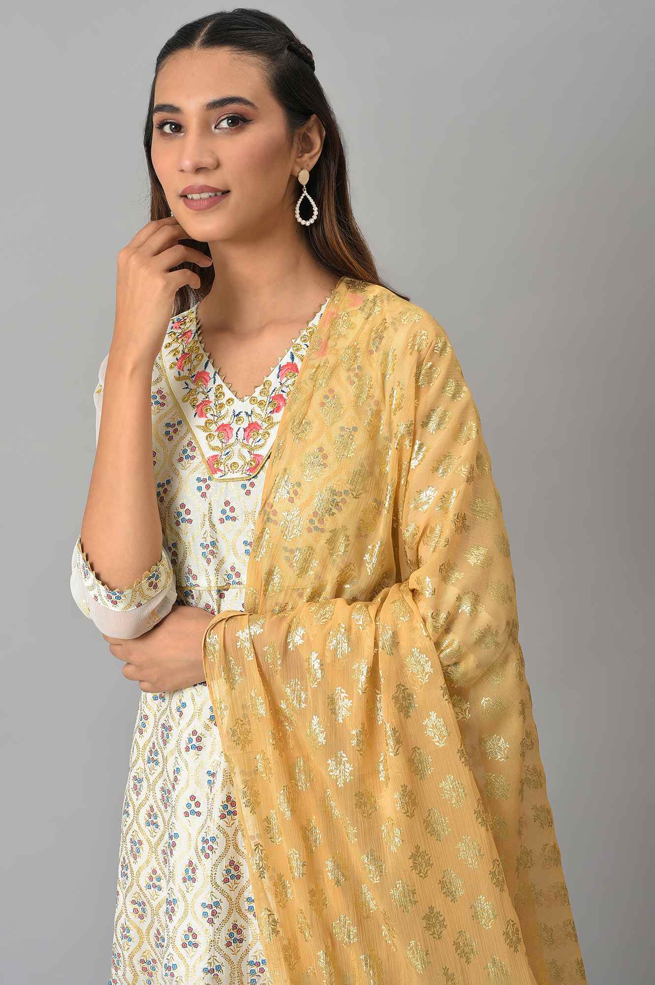 White Zari Embroidered kurta with Golden Tights and Printed Dupatta