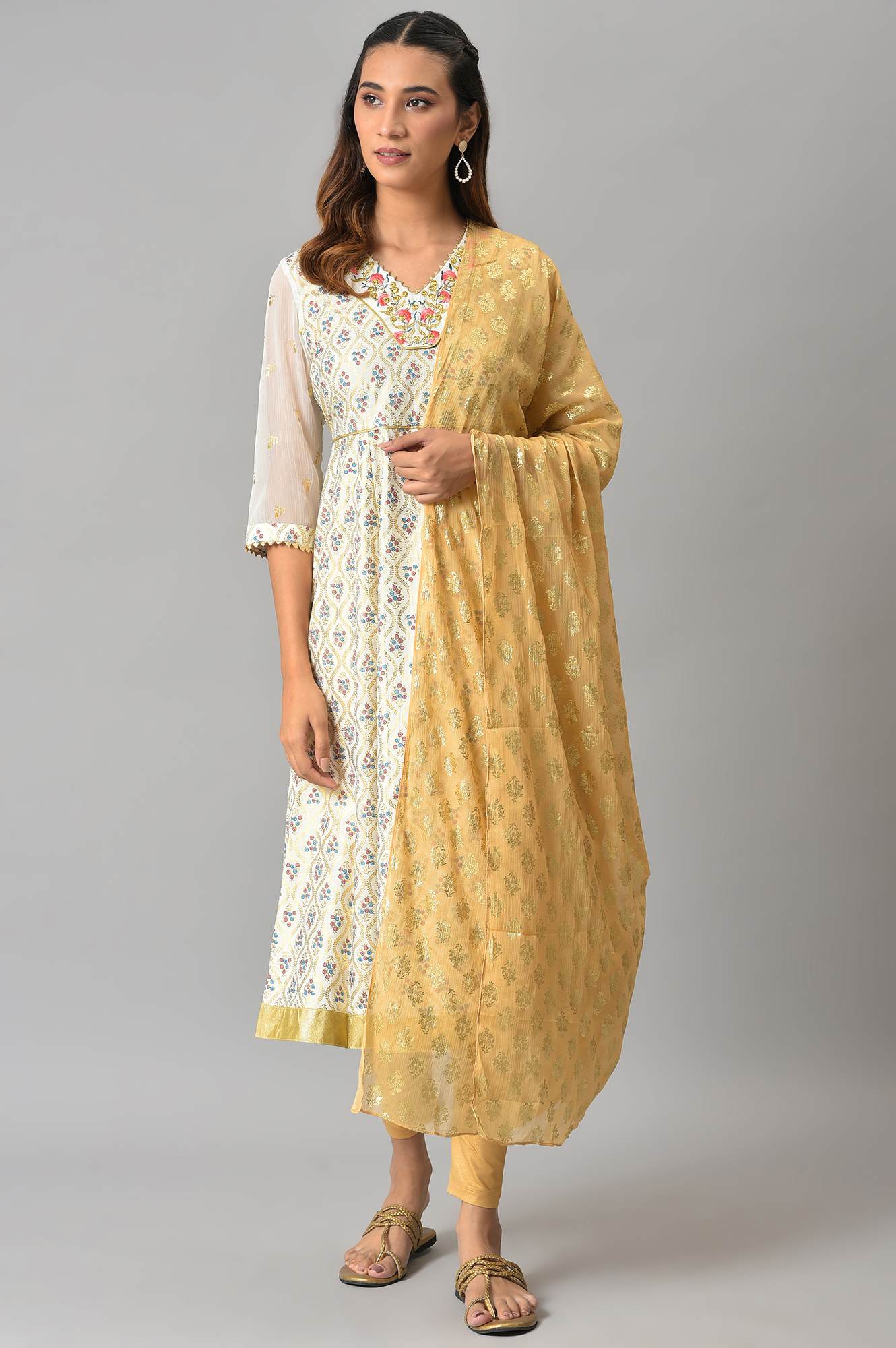 White Zari Embroidered kurta with Golden Tights and Printed Dupatta