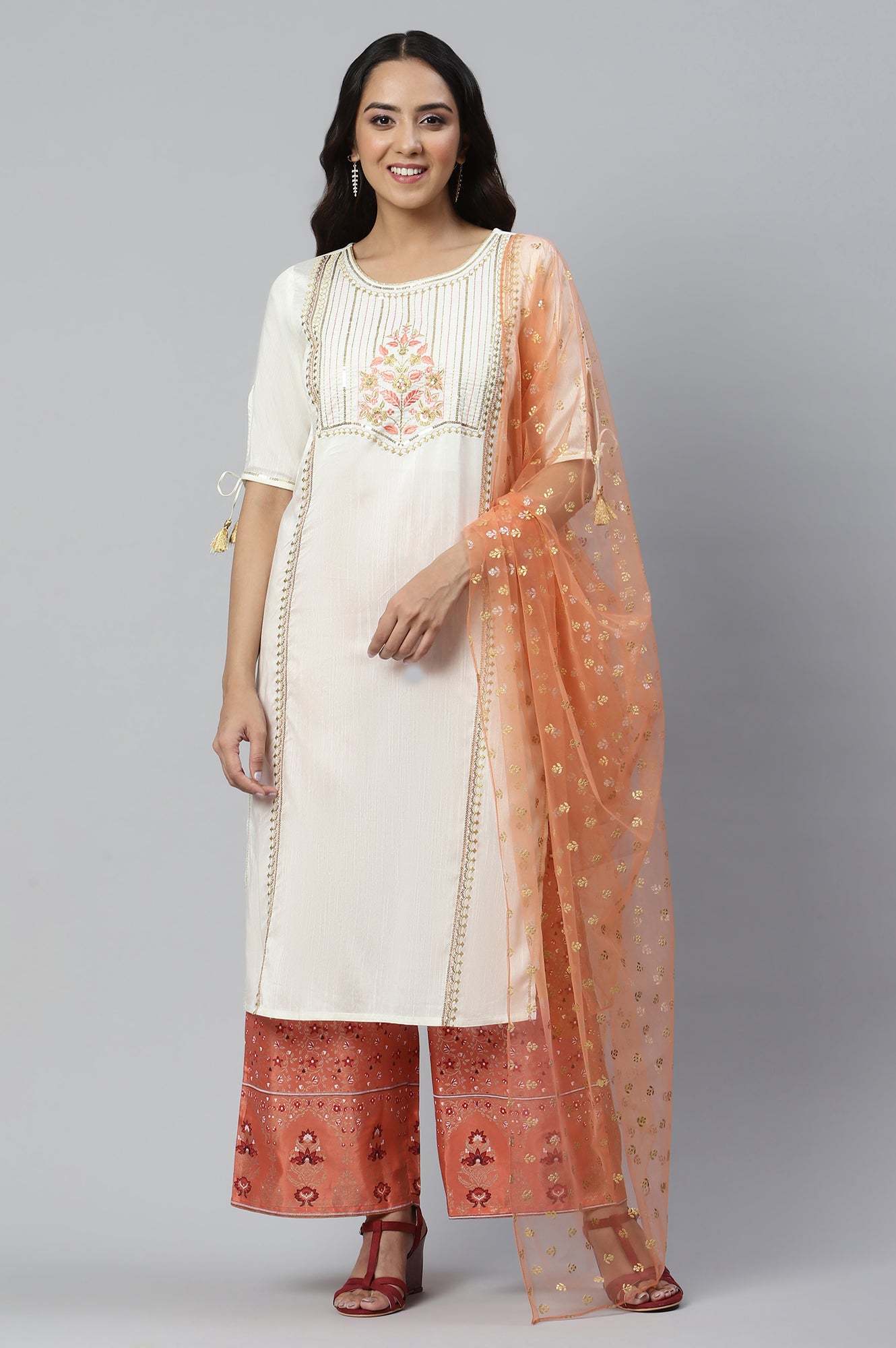 Off-white Sequined kurta with Straight Palazzo and Dupatta