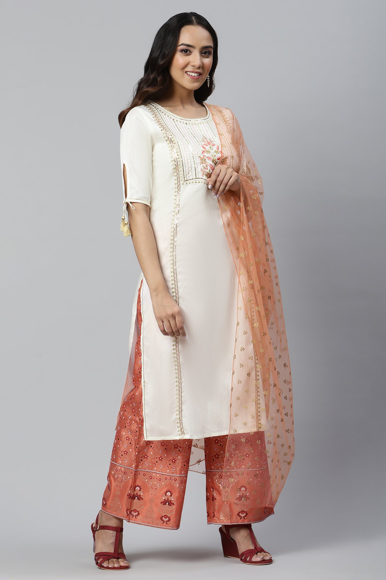 Off-white Sequined kurta with Straight Palazzo and Dupatta