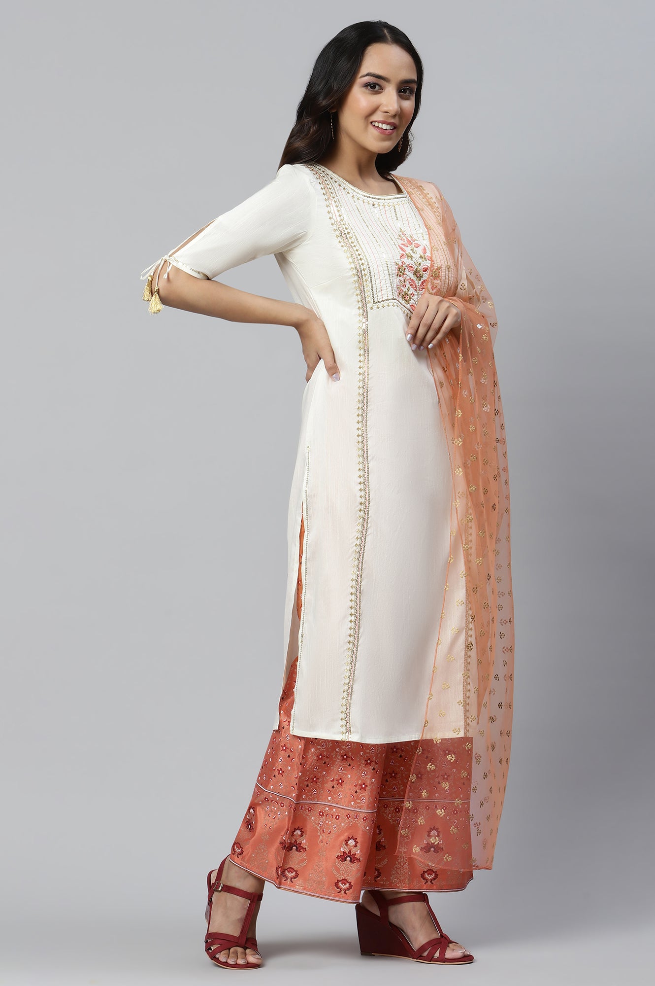 Off-white Sequined kurta with Straight Palazzo and Dupatta