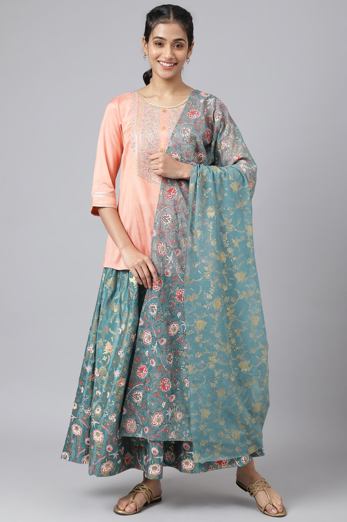 Peach Embroidered Top with Green Skirt and Dupatta - S