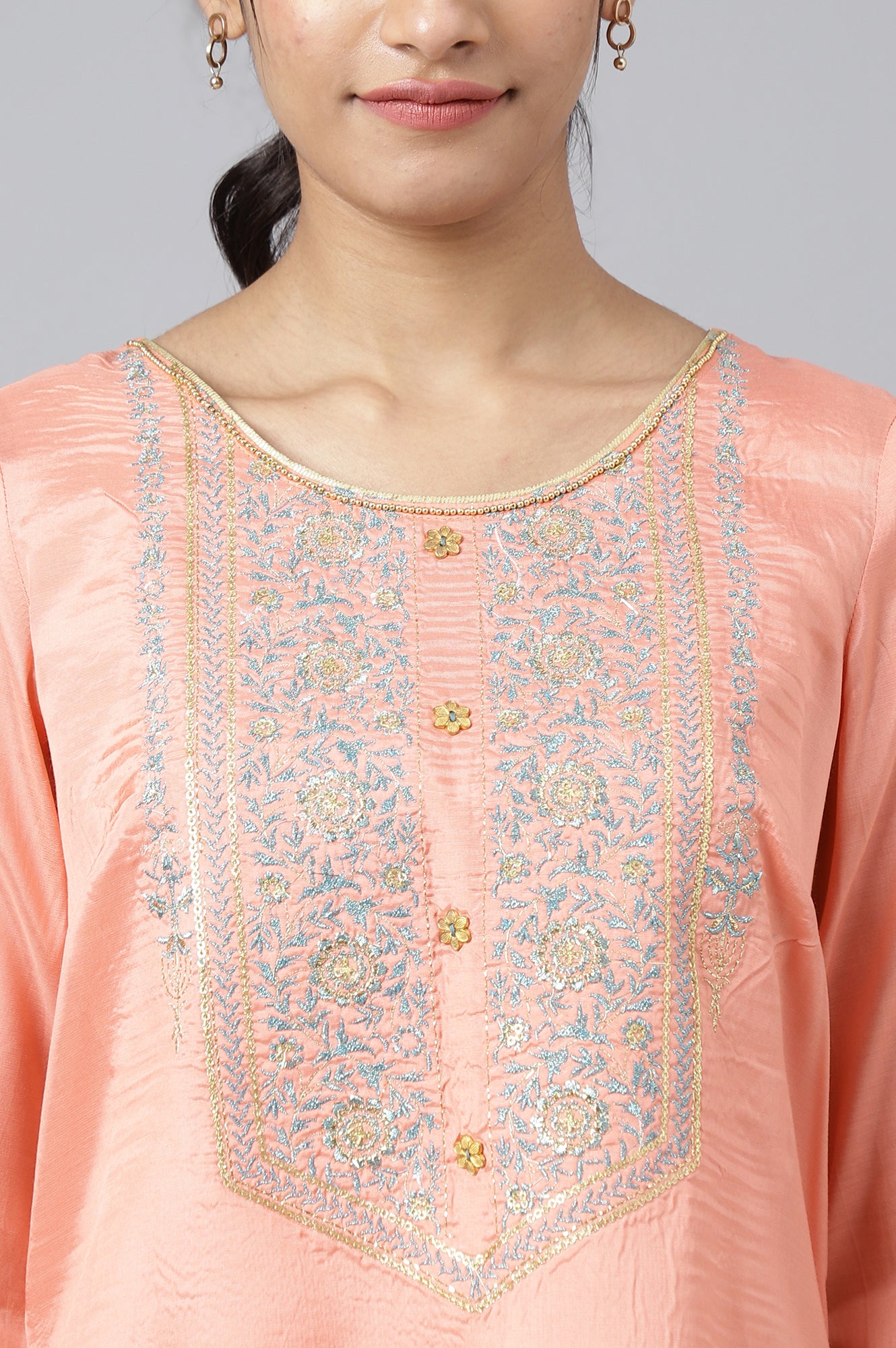 Peach Embroidered Top with Green Skirt and Dupatta