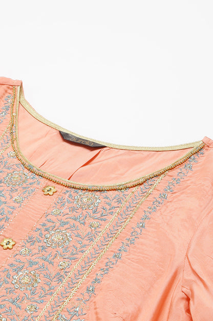 Peach Embroidered Top with Green Skirt and Dupatta