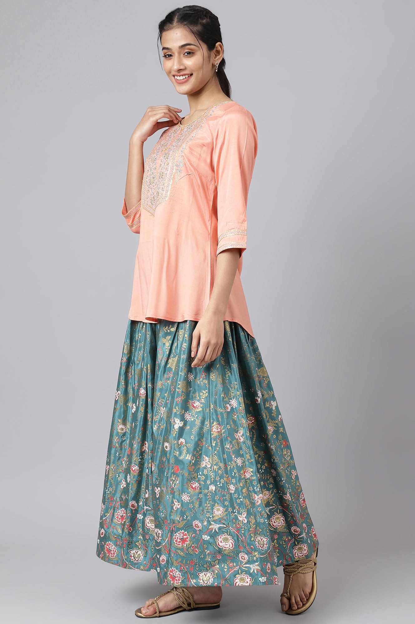 Peach Embroidered Top with Green Skirt and Dupatta