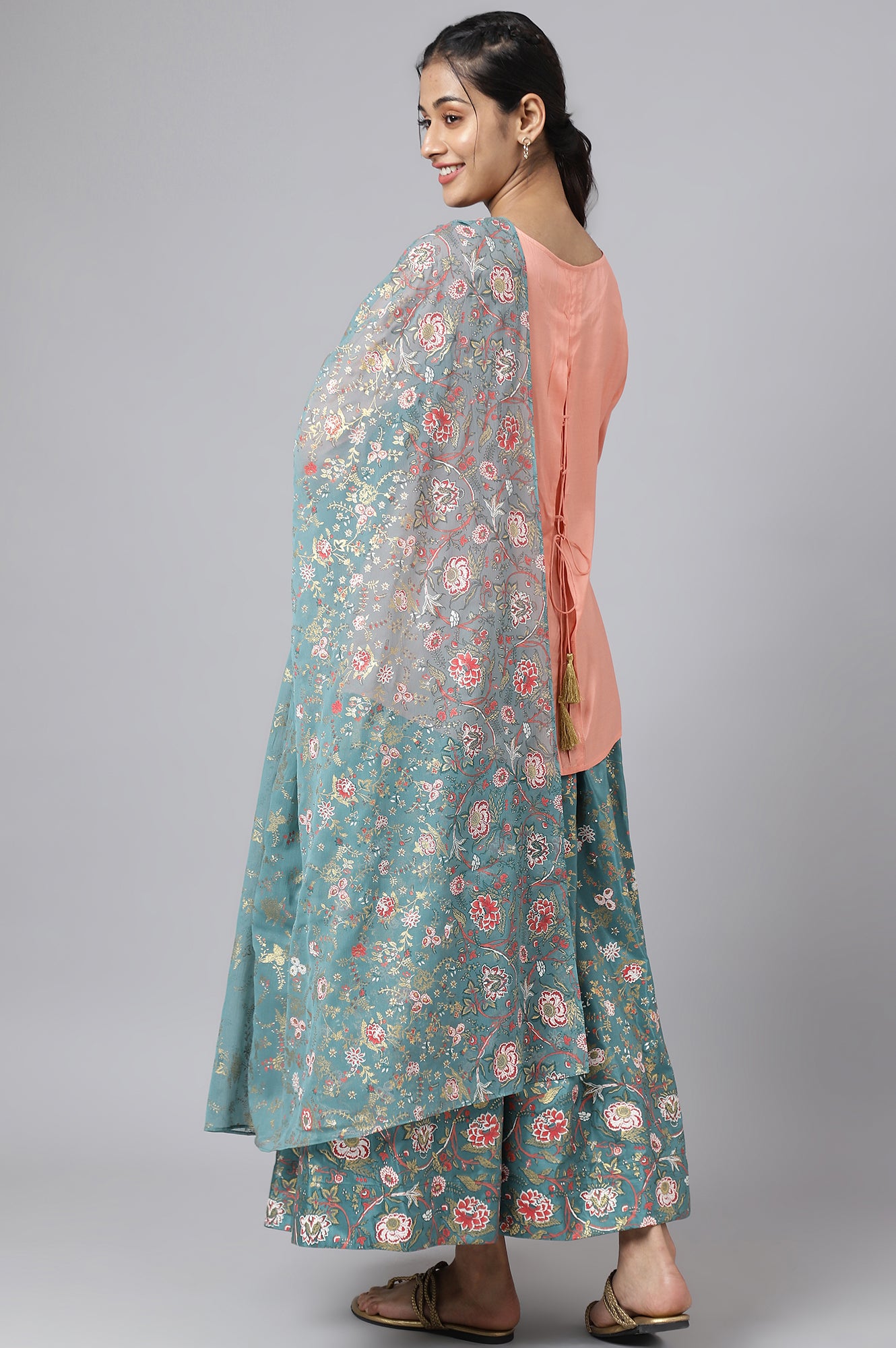 Peach Embroidered Top with Green Skirt and Dupatta