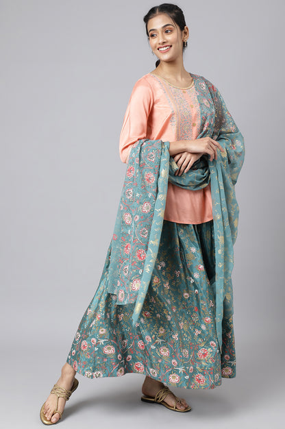 Peach Embroidered Top with Green Skirt and Dupatta