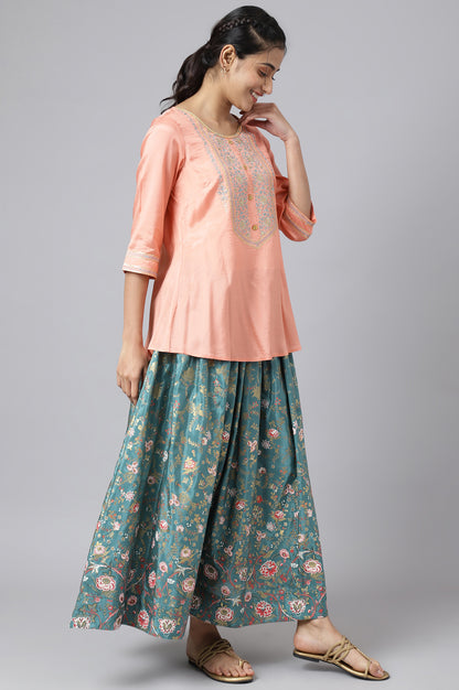 Peach Embroidered Top with Green Skirt and Dupatta