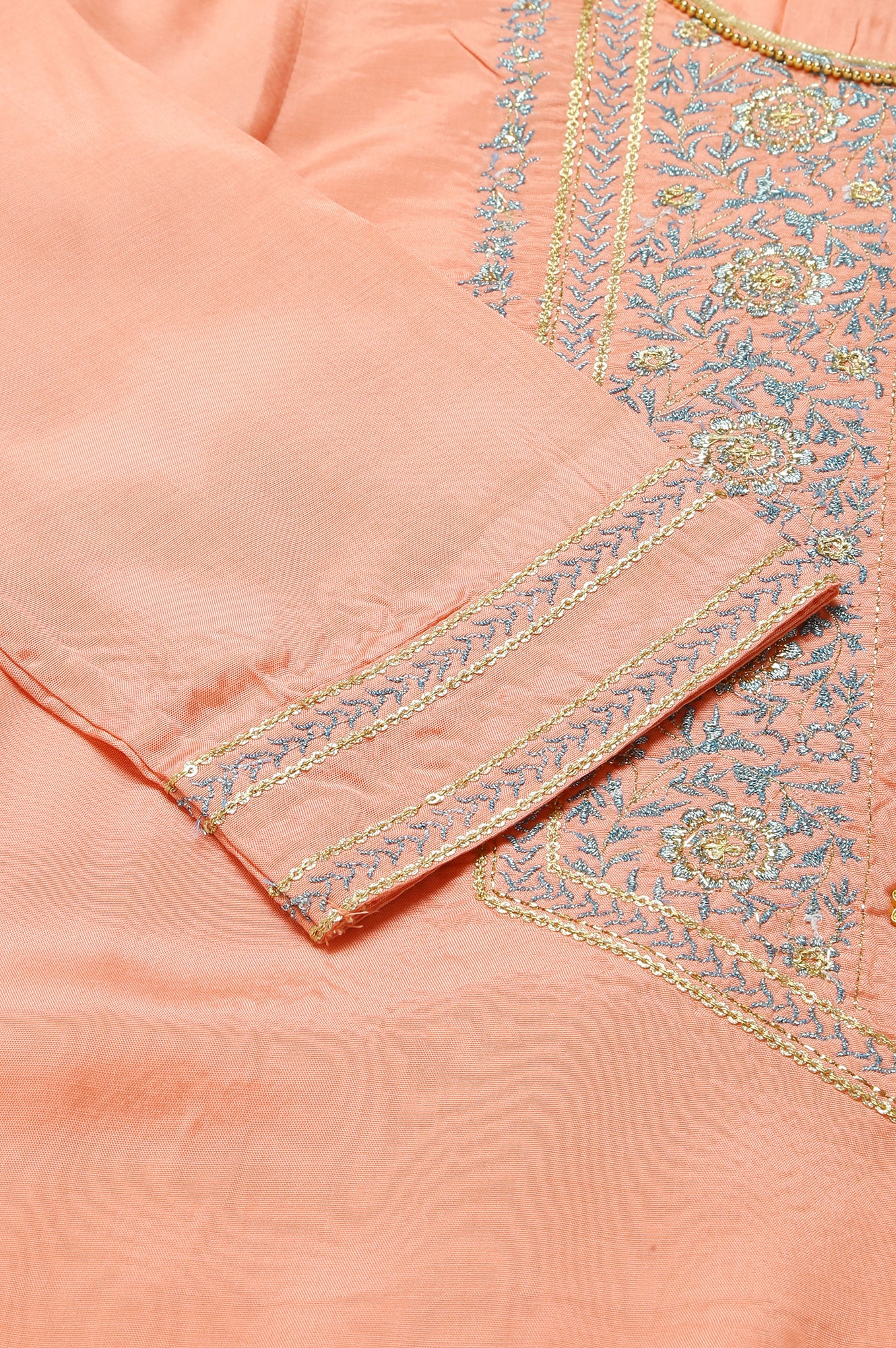 Peach Embroidered Top with Green Skirt and Dupatta