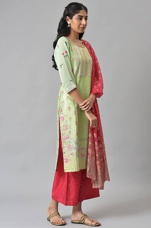 Lime Green LIVA kurta with Pink Printed Palazzo and Dupatta