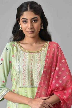 Lime Green LIVA kurta with Pink Printed Palazzo and Dupatta