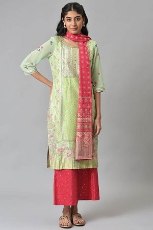 Lime Green LIVA kurta with Pink Printed Palazzo and Dupatta