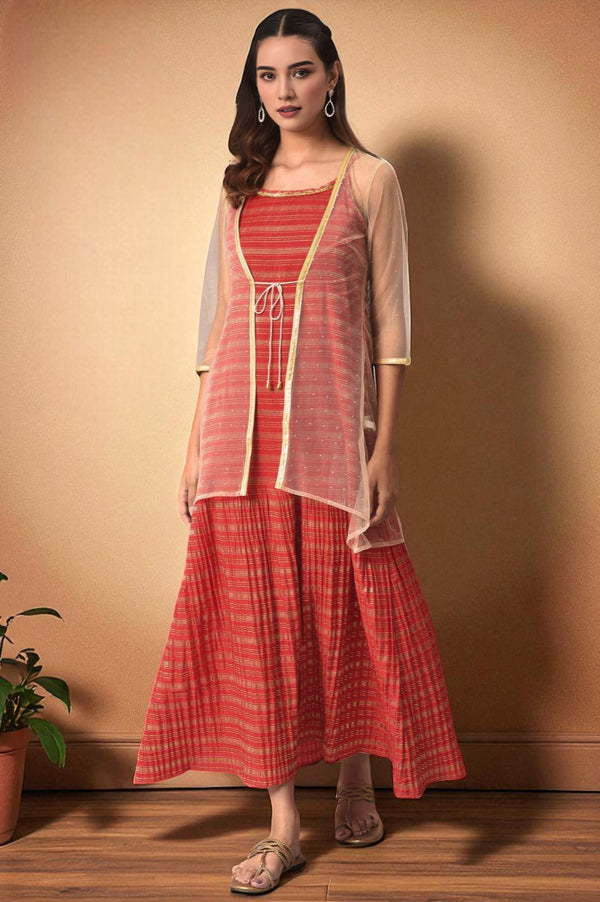 Biege Sequined Gillet with Strappy Red Printed Inner Dress