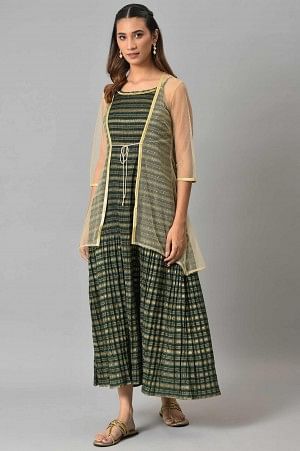 Biege Sequined Gillet with Strappy Green Printed Inner Dress - S