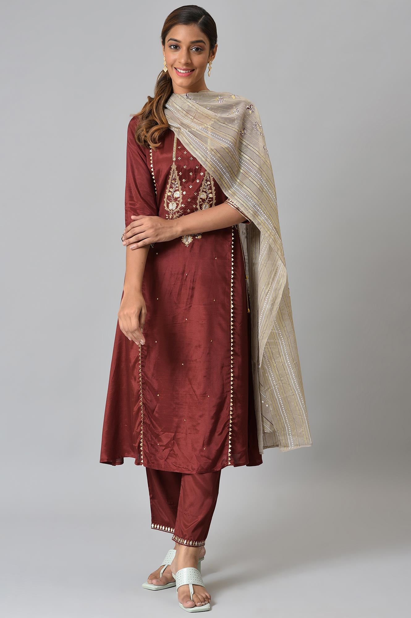 LIVA Dark Red Zari Embroidered kurta with Trousers and Grey Dupatta