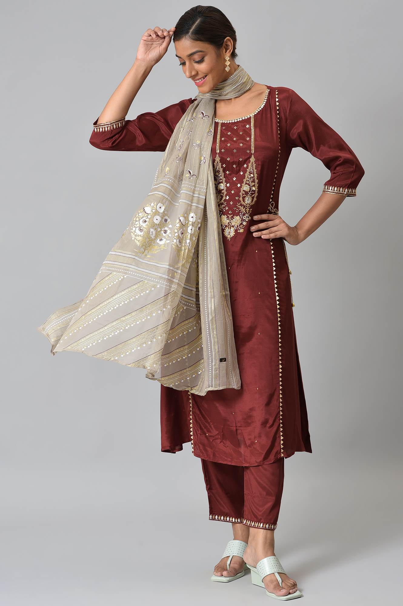 LIVA Dark Red Zari Embroidered kurta with Trousers and Grey Dupatta