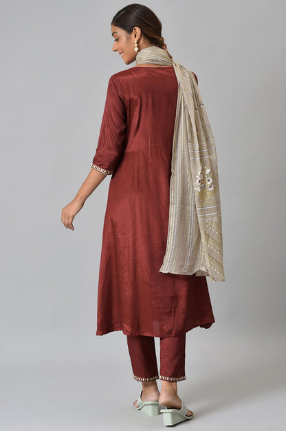 LIVA Dark Red Zari Embroidered kurta with Trousers and Grey Dupatta